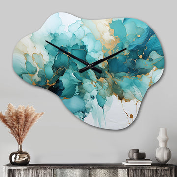 Teal Gold Abstract Fractal Mystic Mirage III - Asymmetric Metal Wall Clock